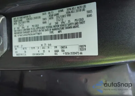 2016 Ford Escape Se from USA, damaged, VIN 1FMCU0G76GUA77801